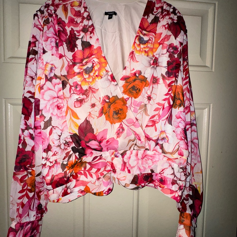 Express Floral Wrap Blouse - Pink and Orange